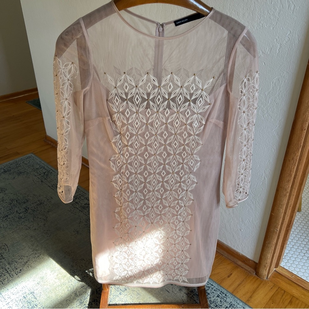 Karen Millen Size 10 Sheer Embroidered Blush Dress with Geometric Detail